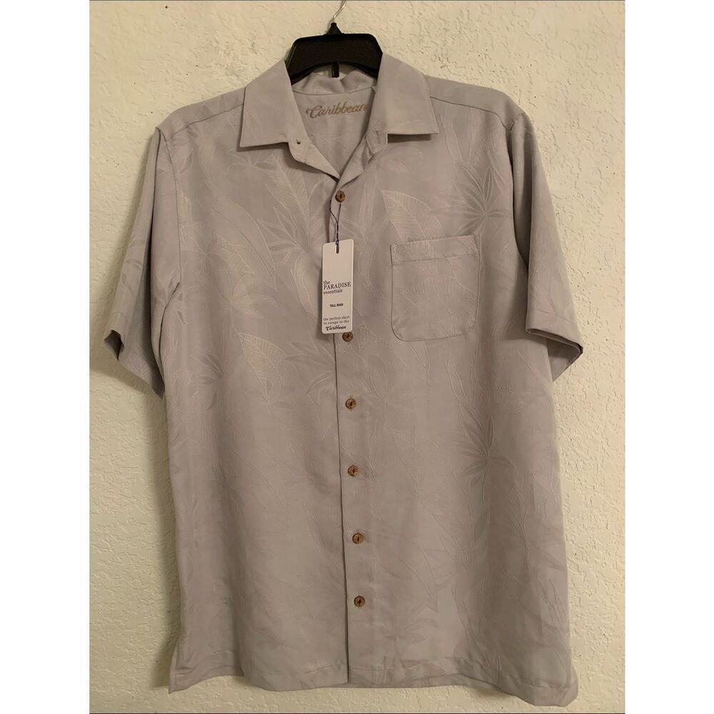 NWT Caribbean  Men’s Light Gray Textured Short-Sleeve Woven Shirt Size LT
